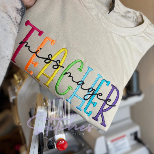 Multicolored Embroidered Teacher Tee